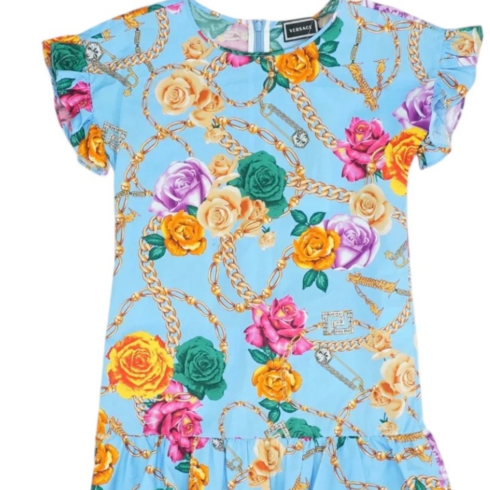Versace Multicolor Rose & Gold Chain Print Dress - Light Blue